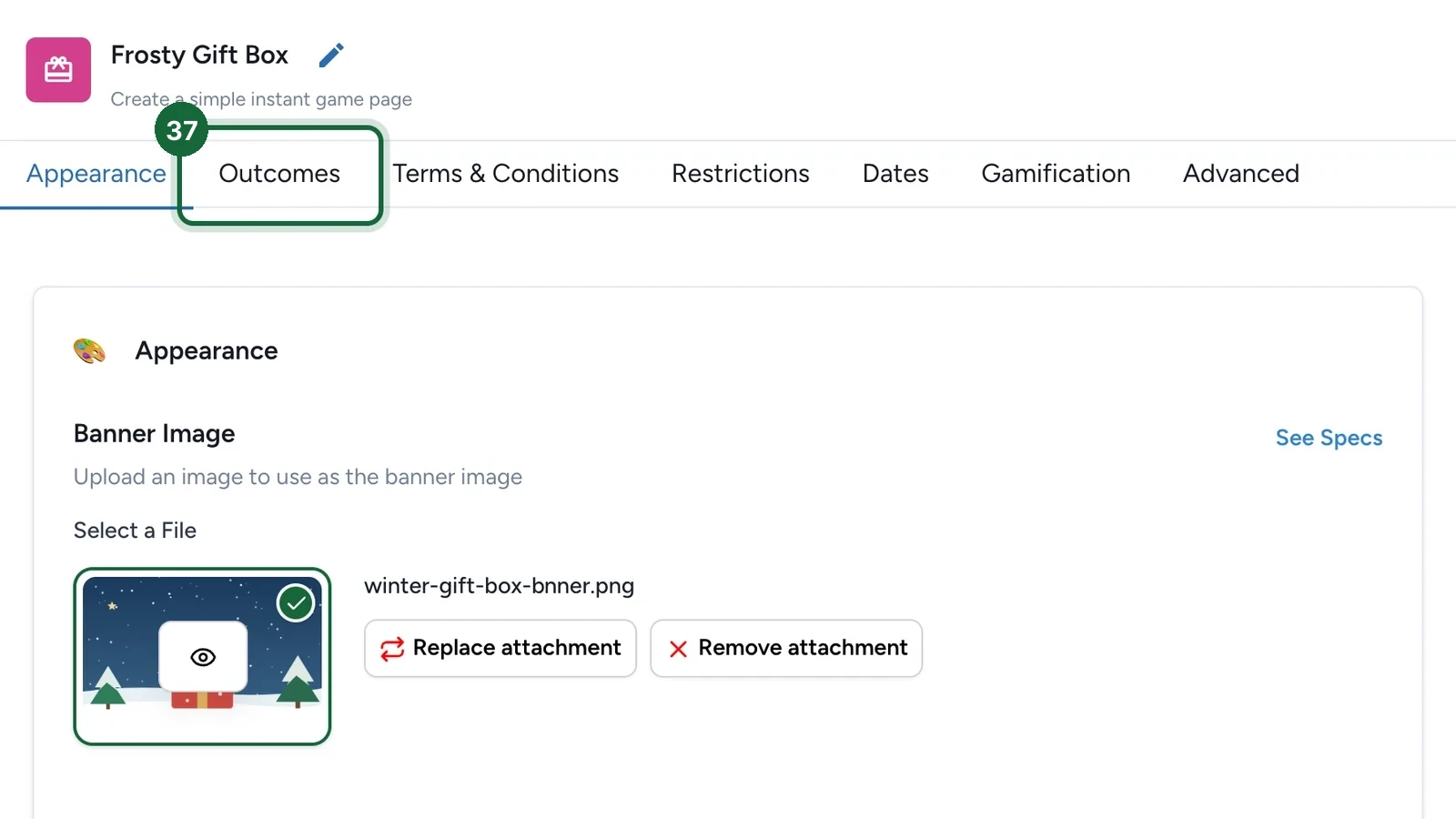 Game settings with the Outcomes tab highlighted
