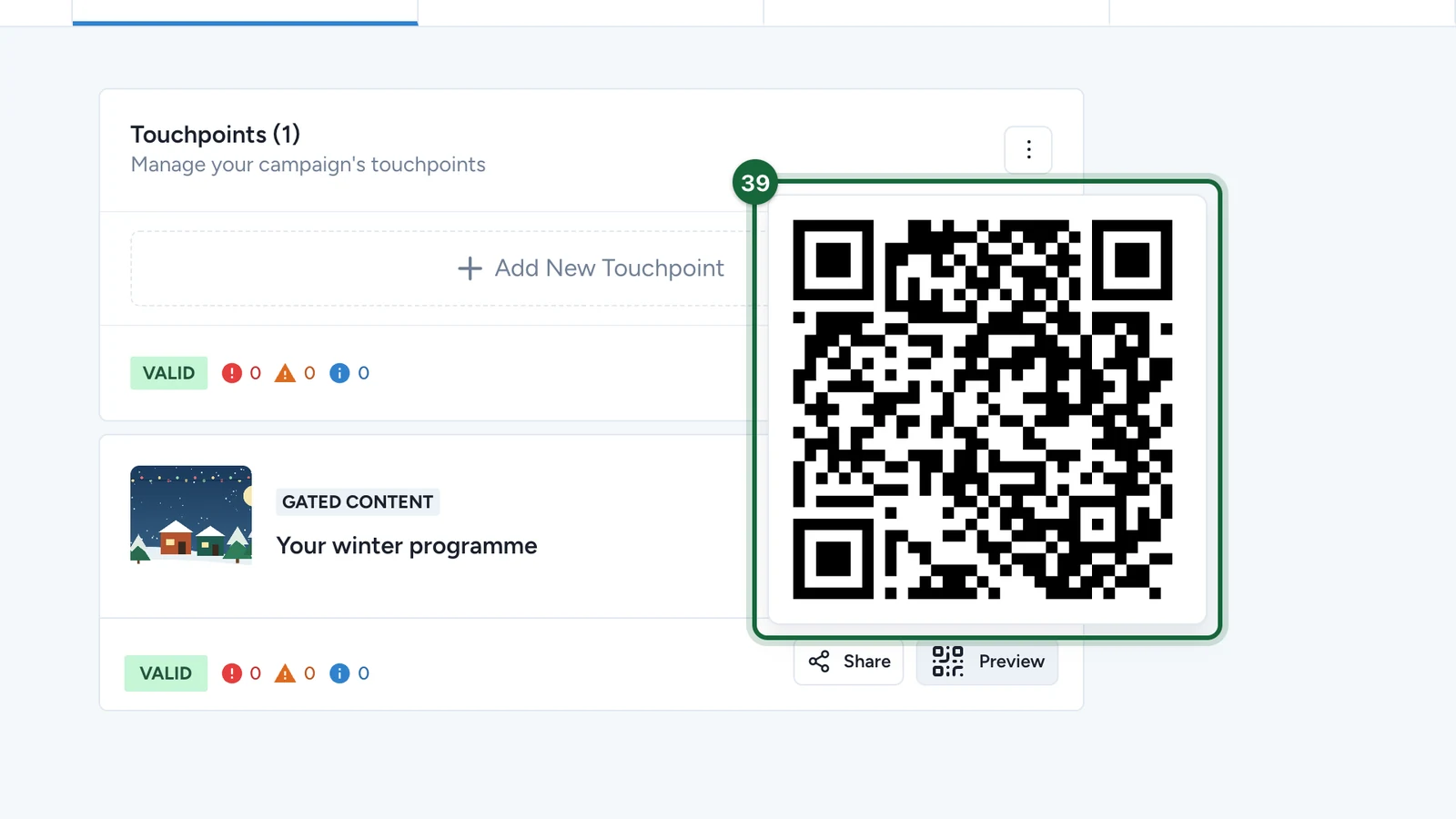 Preview window with the touchpoint's QR code, highlighted