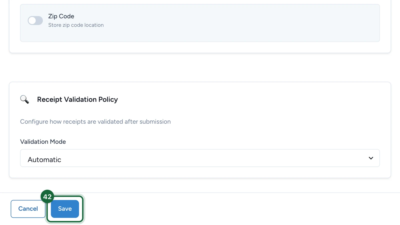 Receipt game editor footer with the Save button highlighted