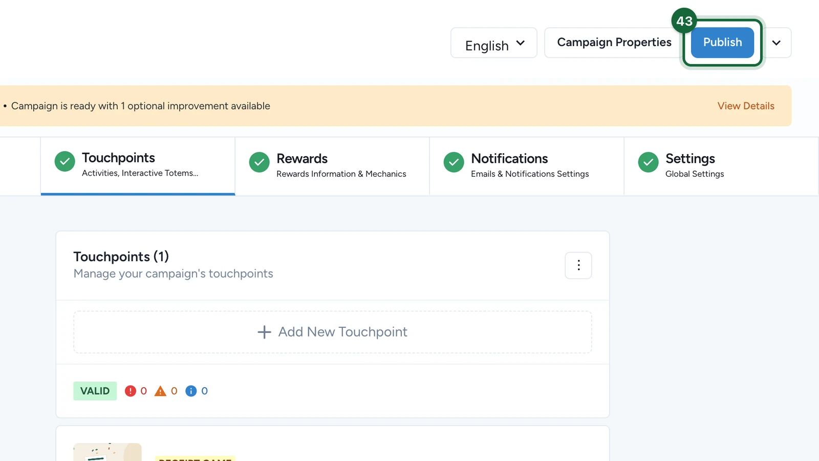 Campaign header with the Publish button highlighted