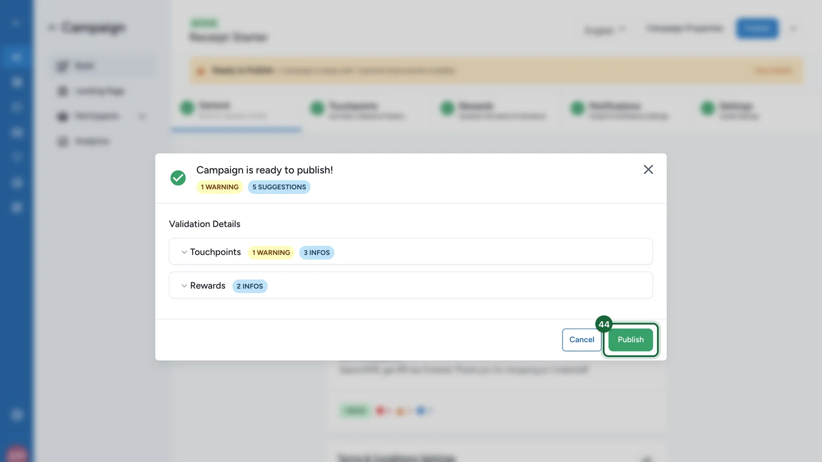 Publish window saying the campaign is ready to publish, with the Publish button highlighted