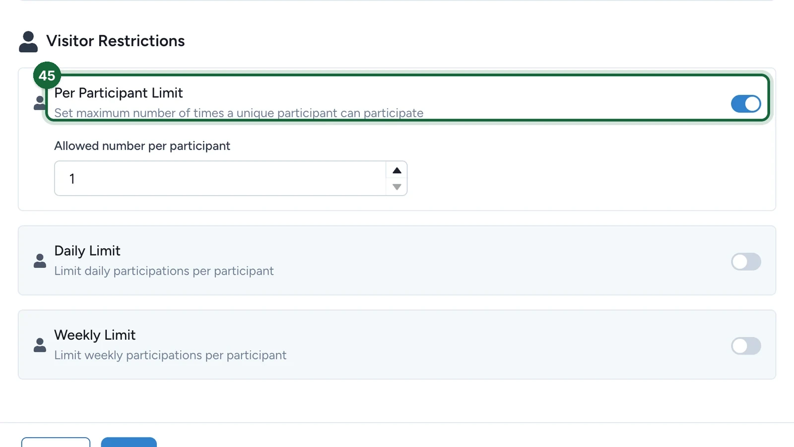 Per Participant Limit switched on at 1, highlighted