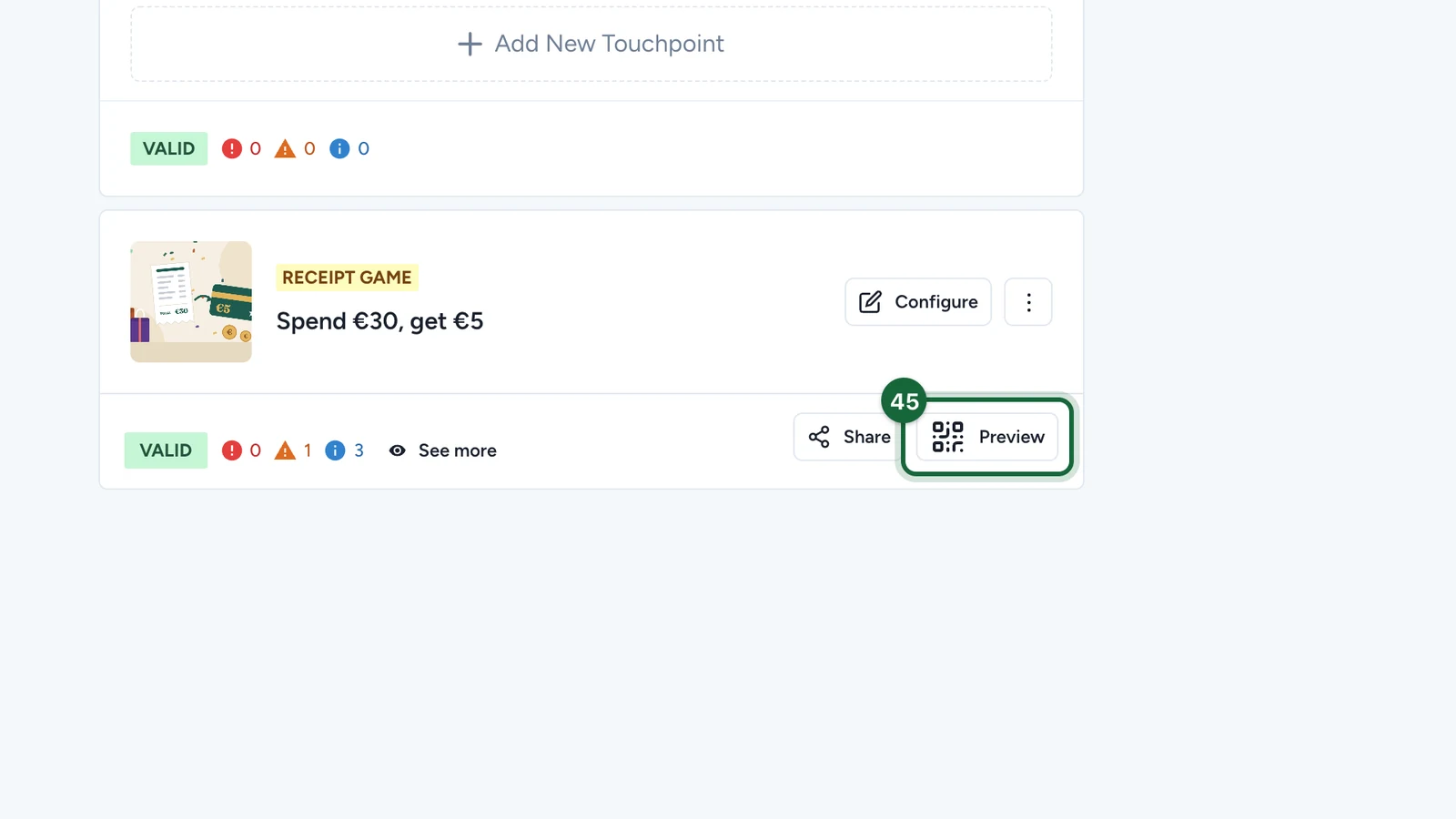 Receipt game card with the Preview button highlighted