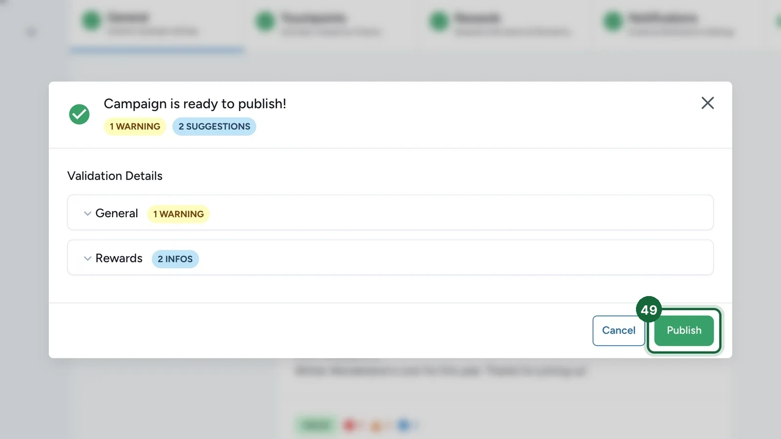 Campaign is ready to publish! with the Publish button highlighted