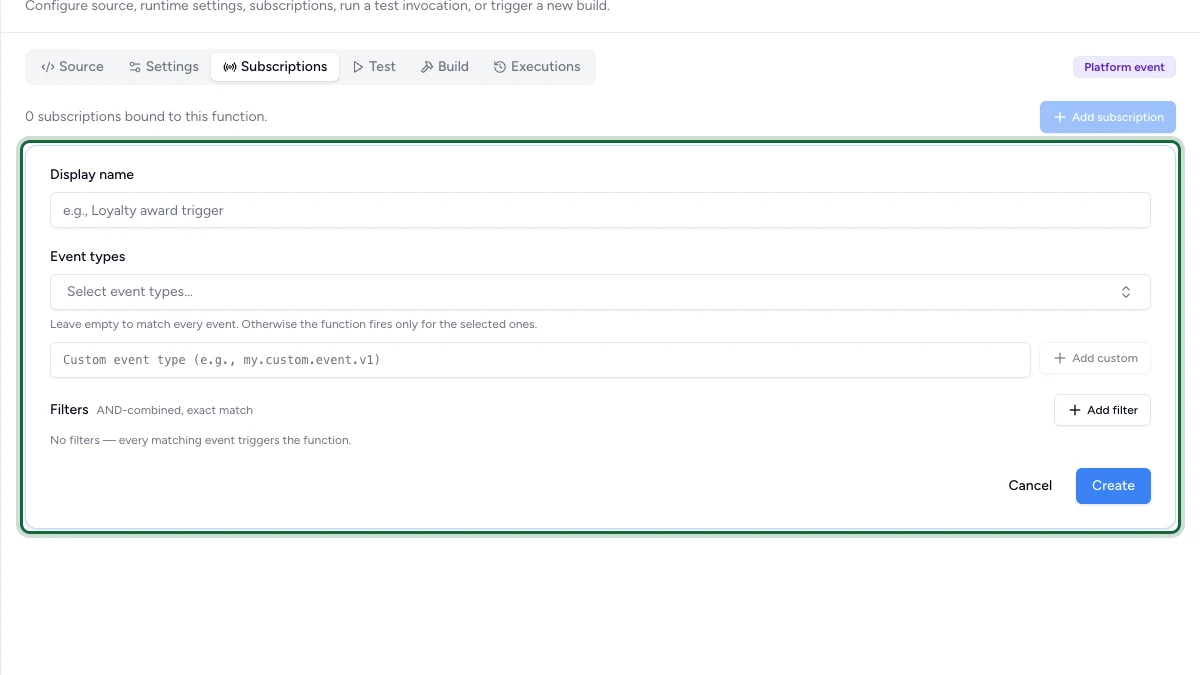 Subscription form with the event type picker, custom event field and filters