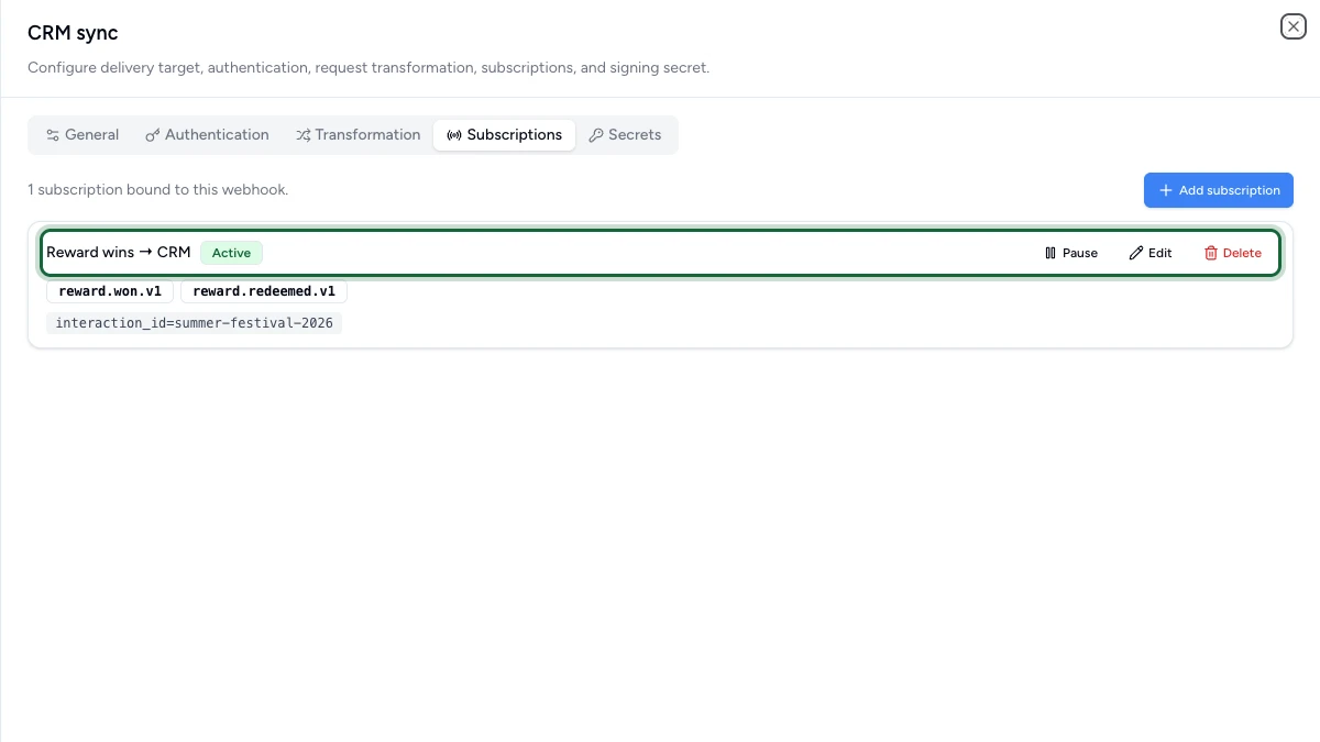 Onglet Subscriptions montrant un abonnement actif avec ses types d'événements et son filtre