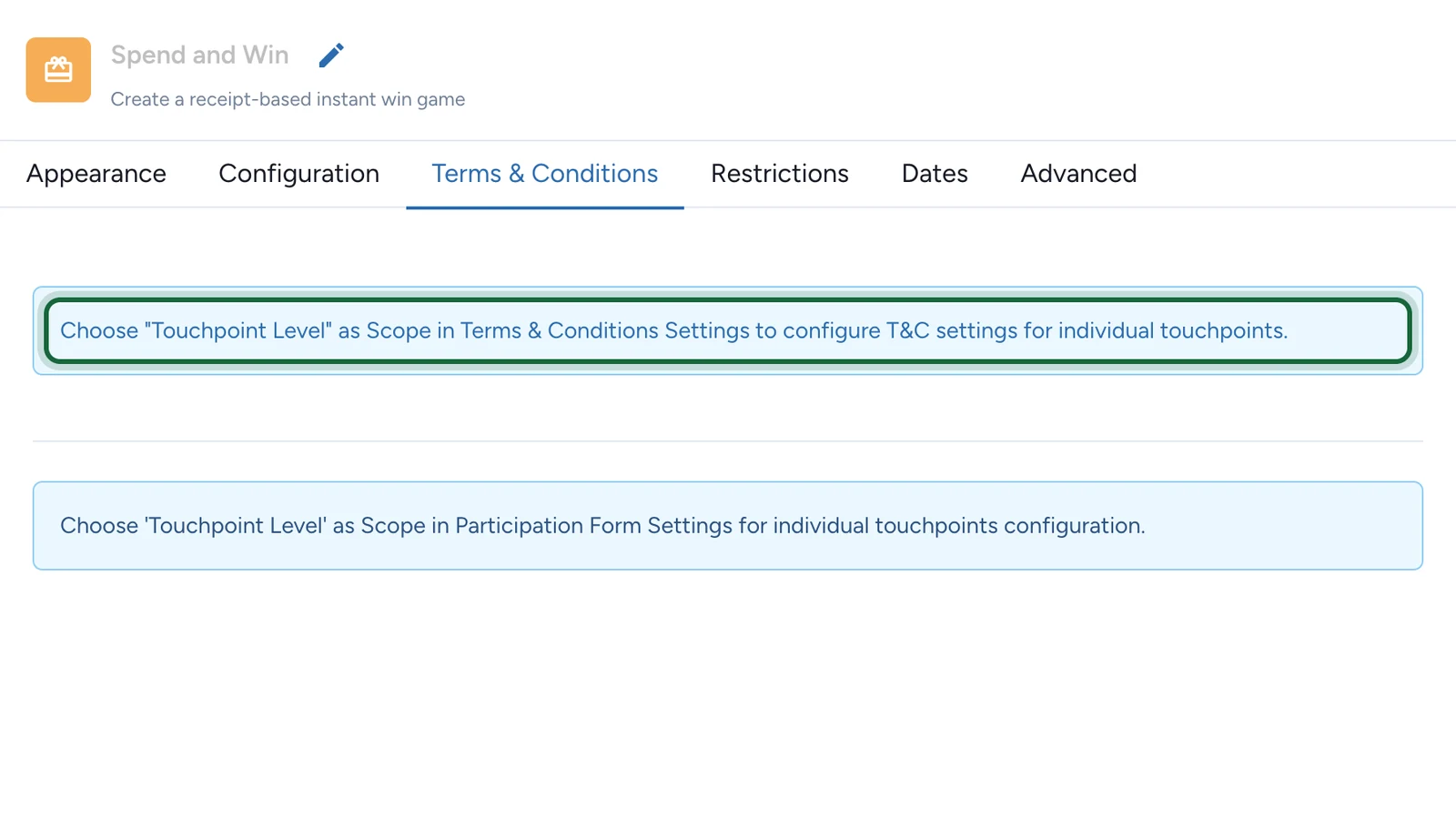 Receipt game Terms & Conditions tab asking to choose Touchpoint Level first, highlighted
