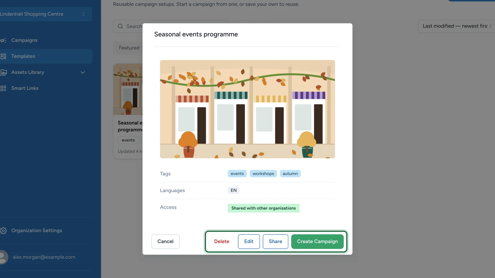 Template window with Delete, Edit, Share and Create Campaign