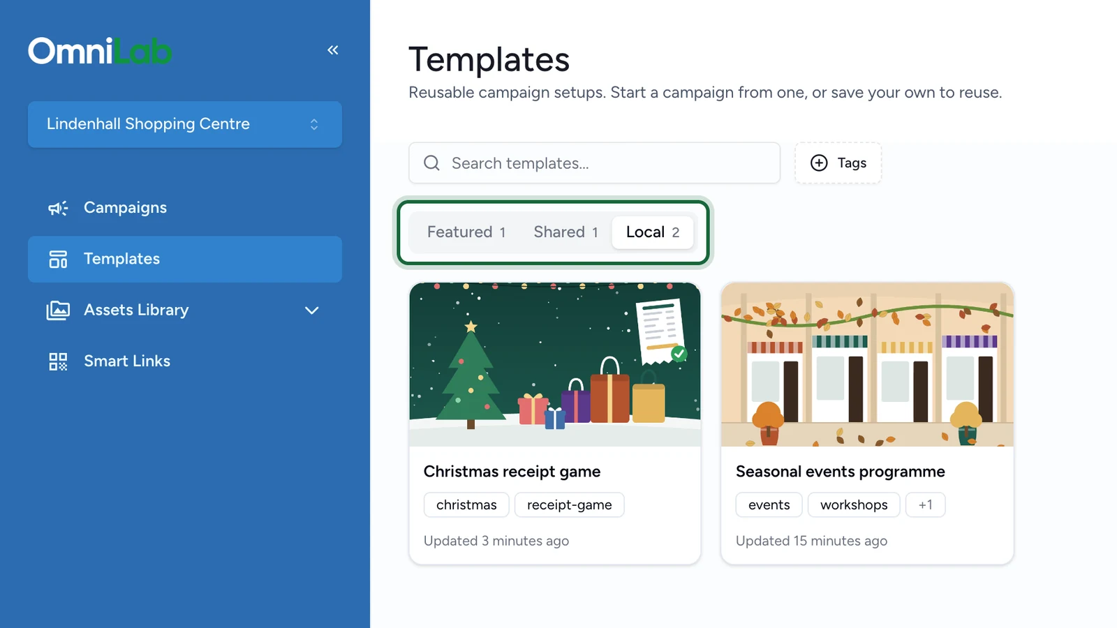 Templates page with the Featured, Shared and Local tabs