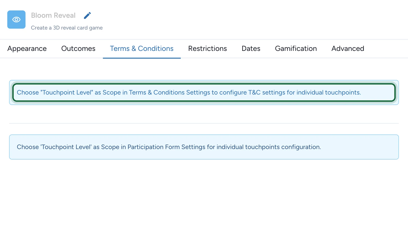 Terms & Conditions tab of a game, with the note to choose Touchpoint Level highlighted