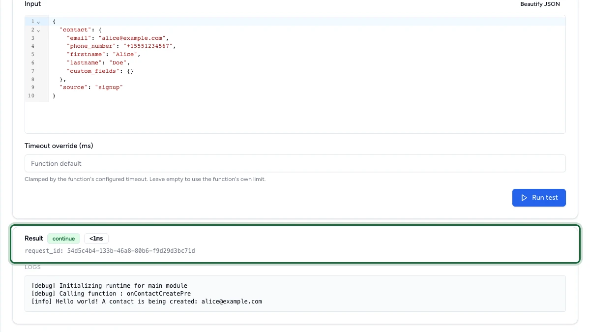 Onglet Test affichant un résultat de hook avec une décision continue et les logs capturés