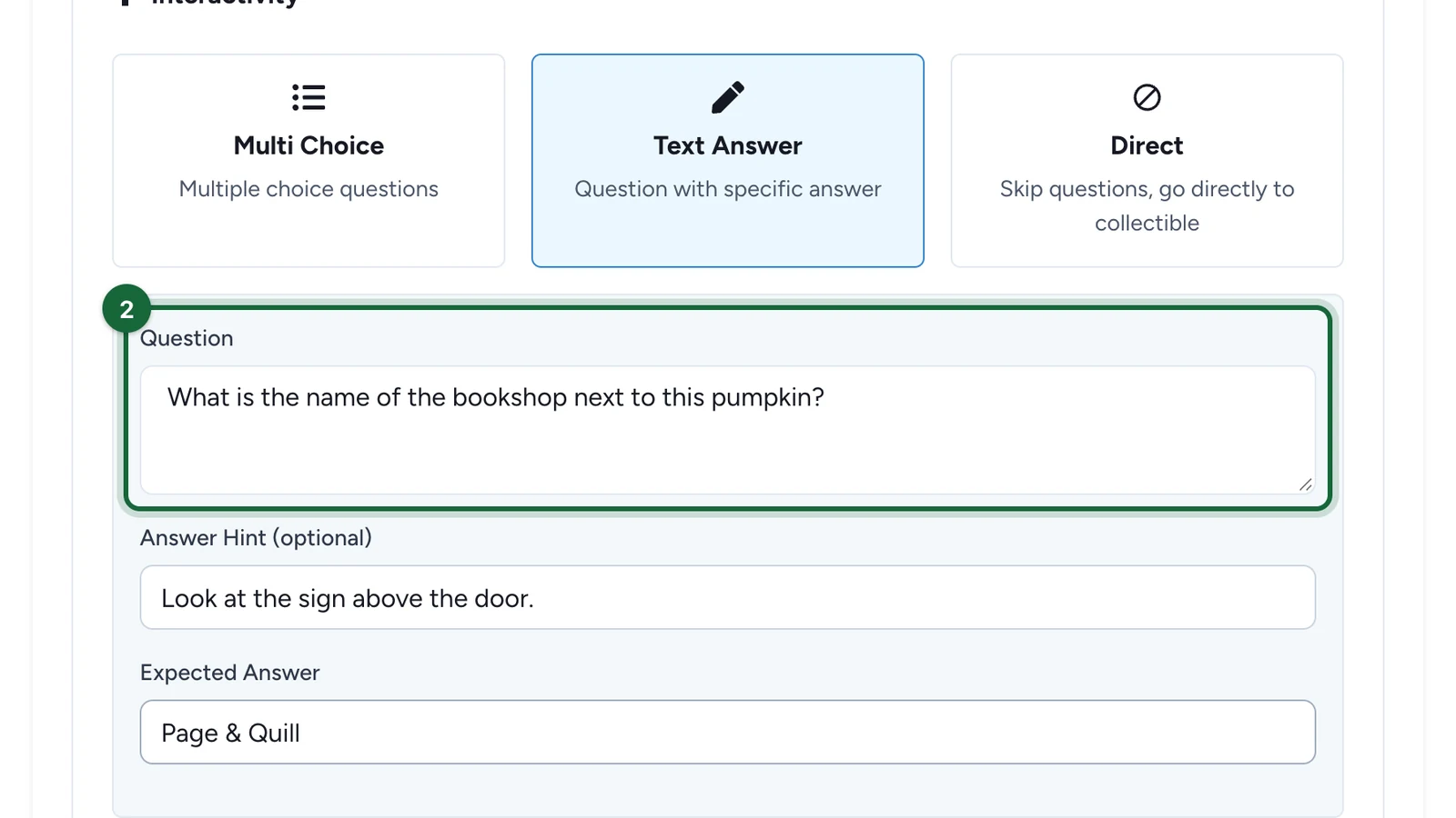 Question field with a question about the bookshop, highlighted