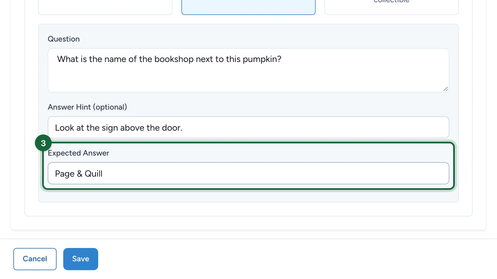 Expected Answer field set to Page & Quill, highlighted