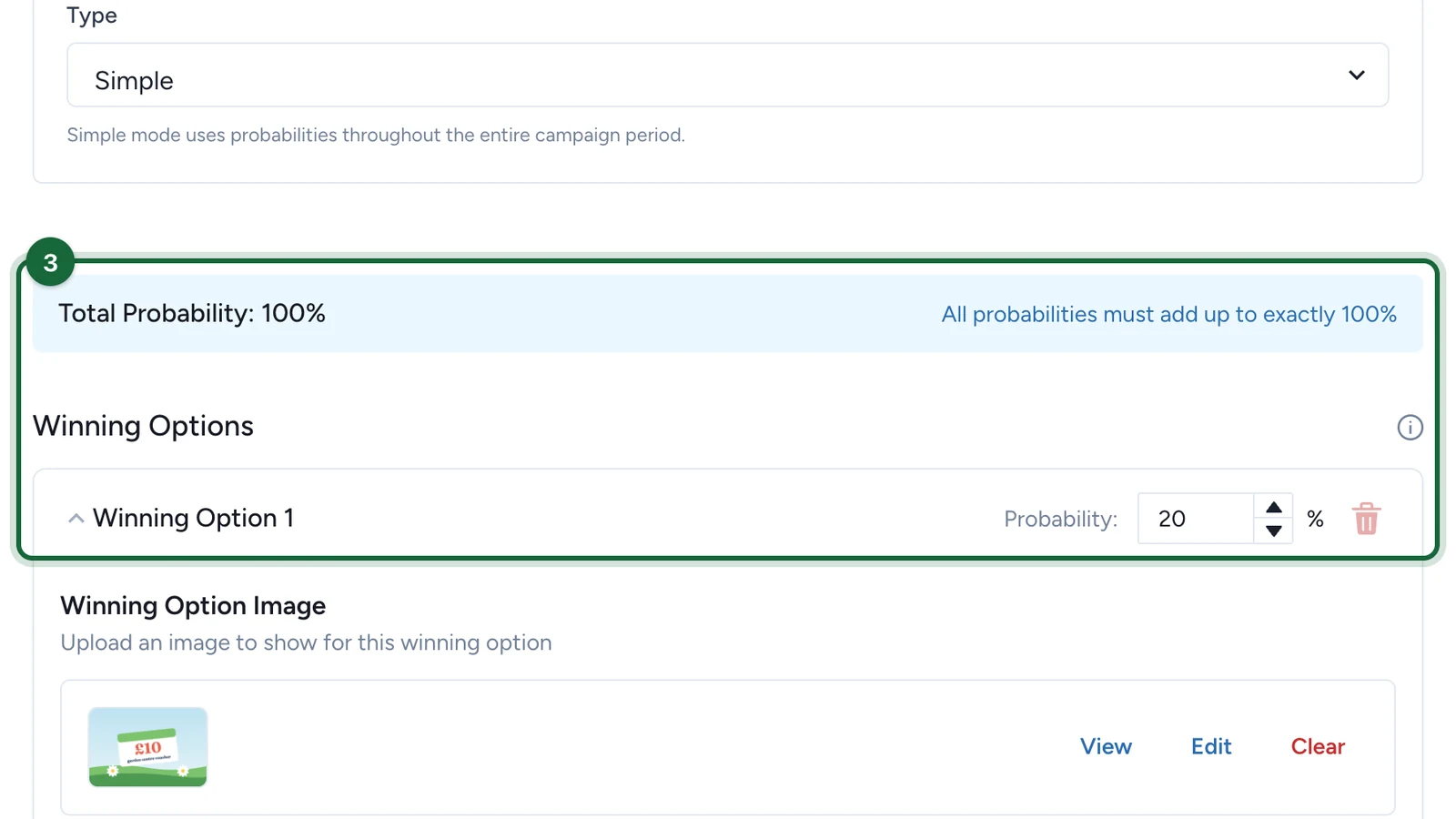 Total Probability at 100%, with Winning Option 1 back to 20%, highlighted
