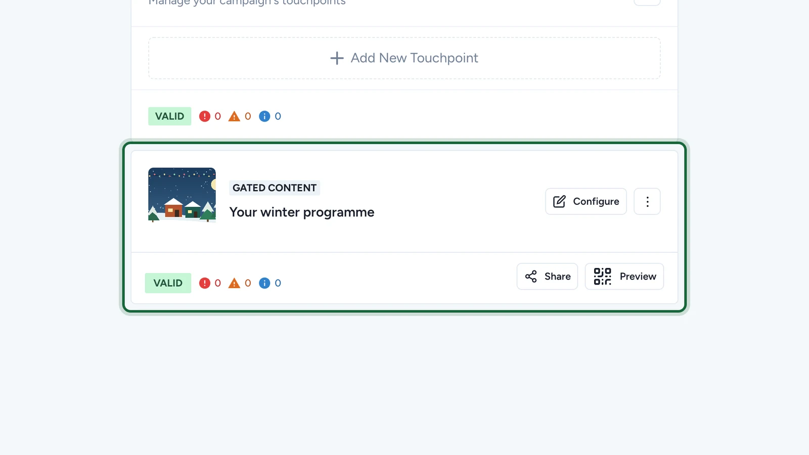 Touchpoint card for Your winter programme: type, title, Configure, menu, validity, Share and Preview