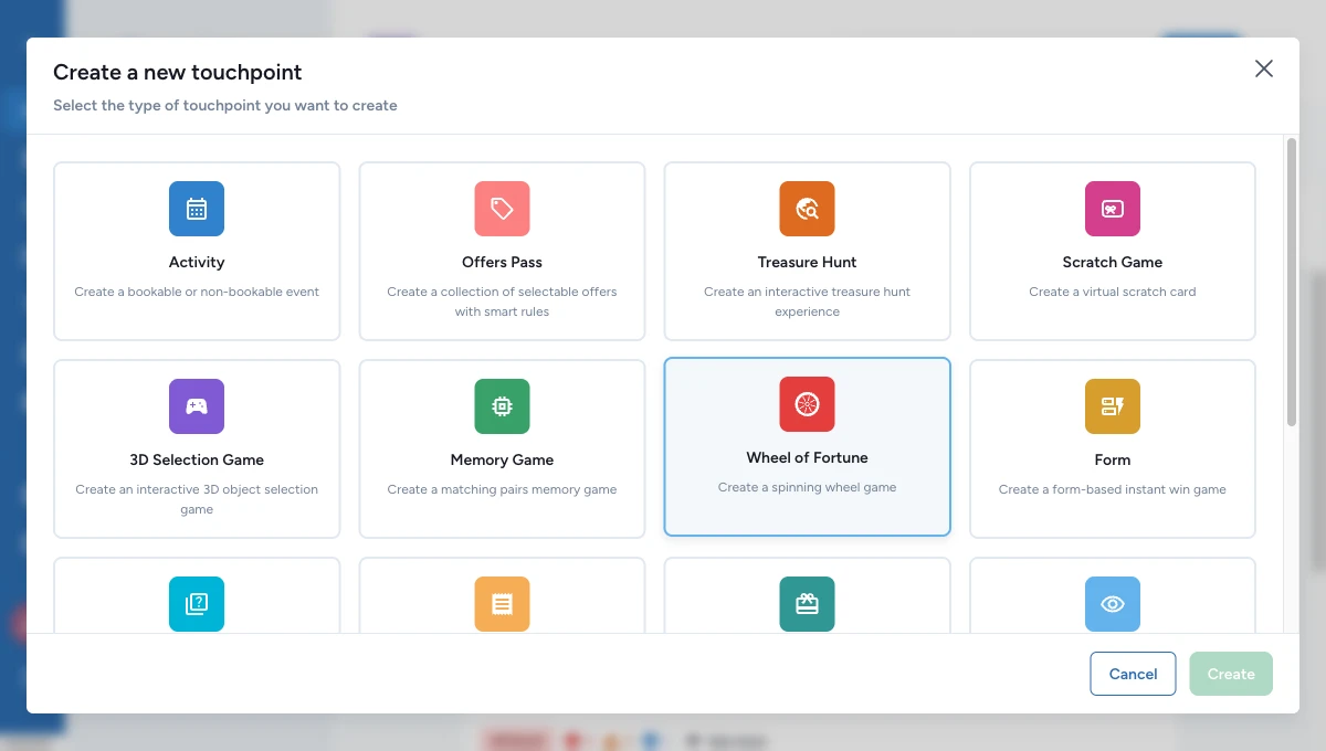 Touchpoint picker with available game formats and experiences