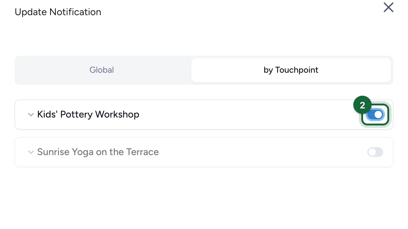 by Touchpoint list with the switch next to Kids' Pottery Workshop highlighted