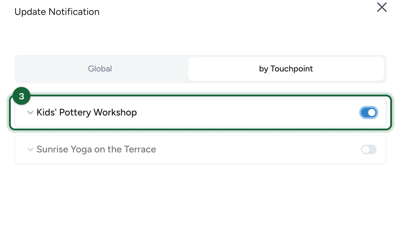 by Touchpoint list with Kids' Pottery Workshop highlighted