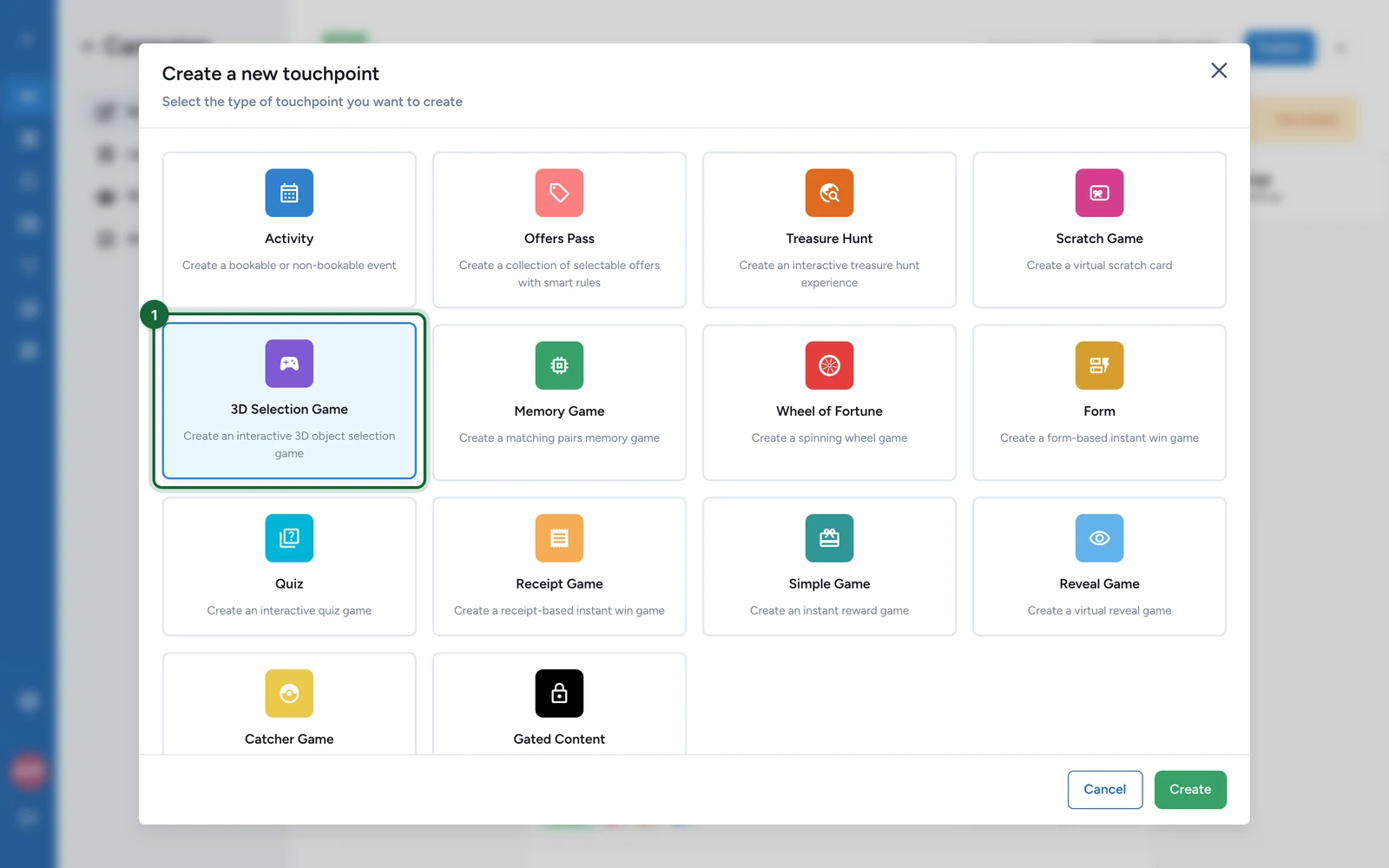 Create a new touchpoint window with the 3D Selection Game tile highlighted