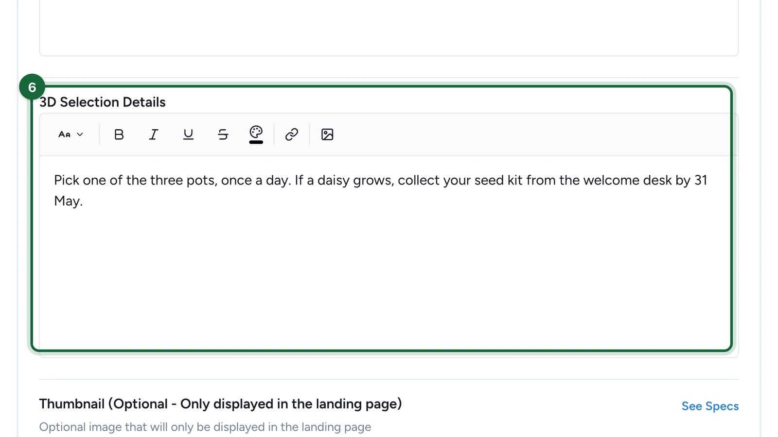 3D Selection Details explaining one pick a day and the welcome desk, highlighted