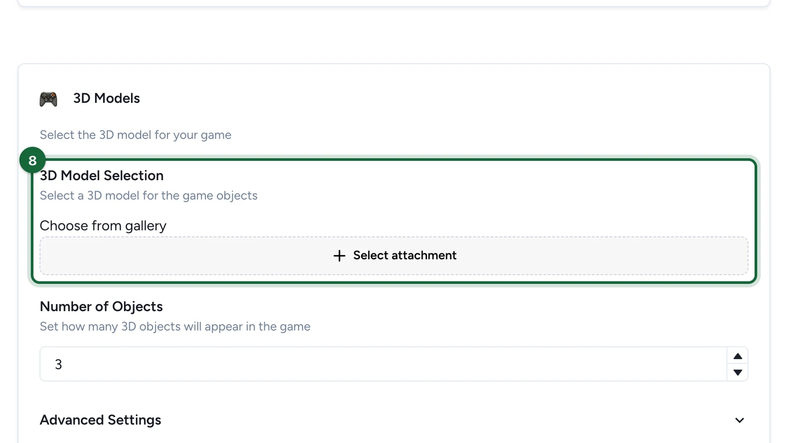 3D Model Selection with no model yet and Select attachment highlighted