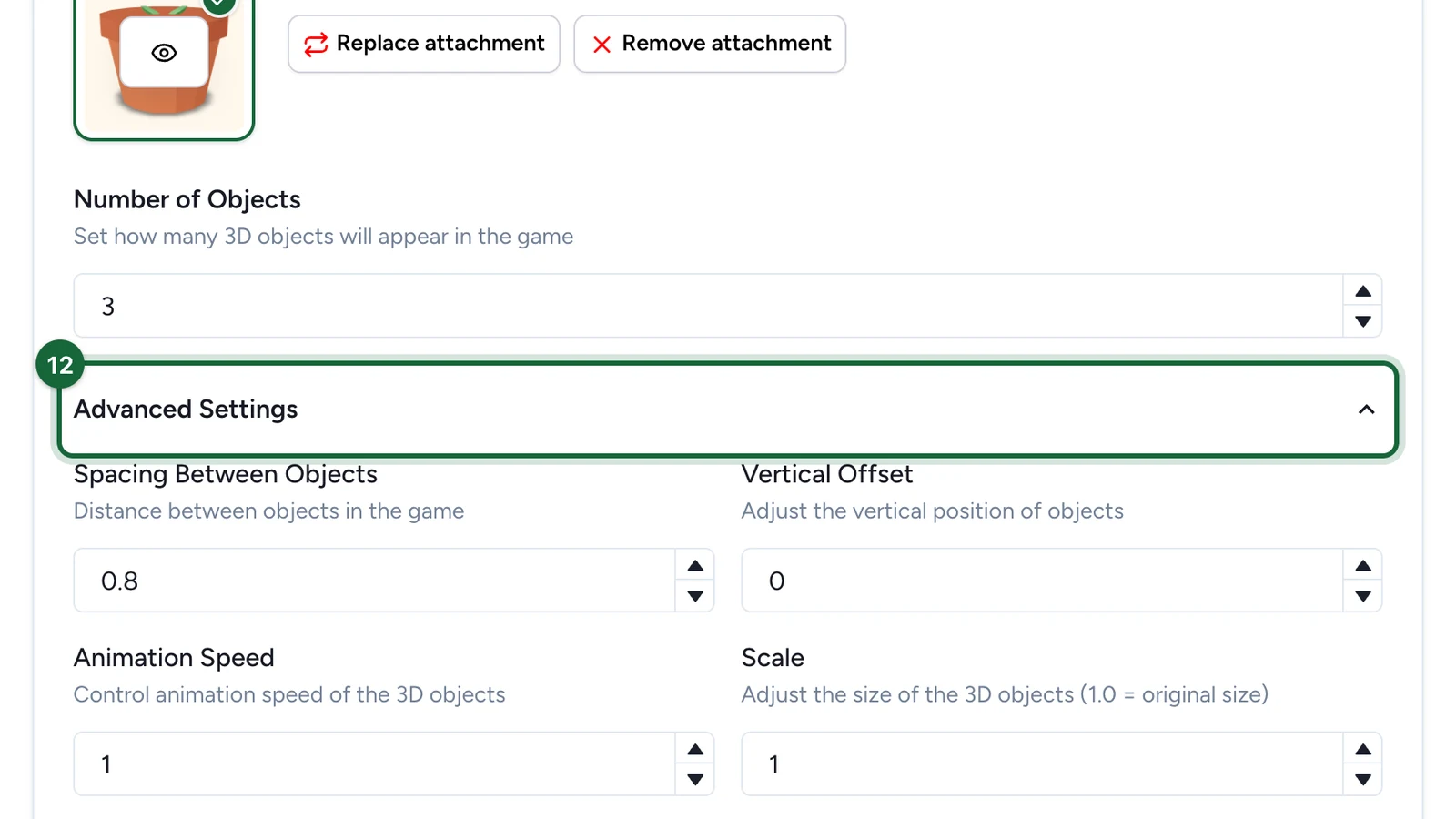 Advanced Settings open with Spacing Between Objects, Vertical Offset, Animation Speed and Scale