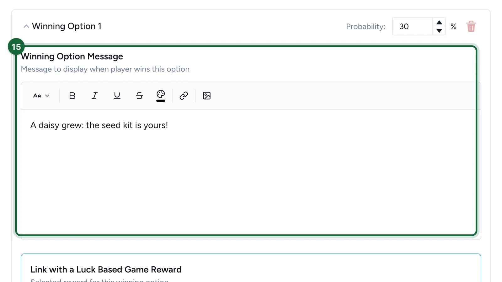Winning Option Message reading A daisy grew: the seed kit is yours, highlighted