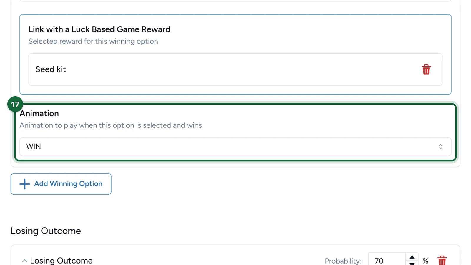 Animation set to WIN, highlighted