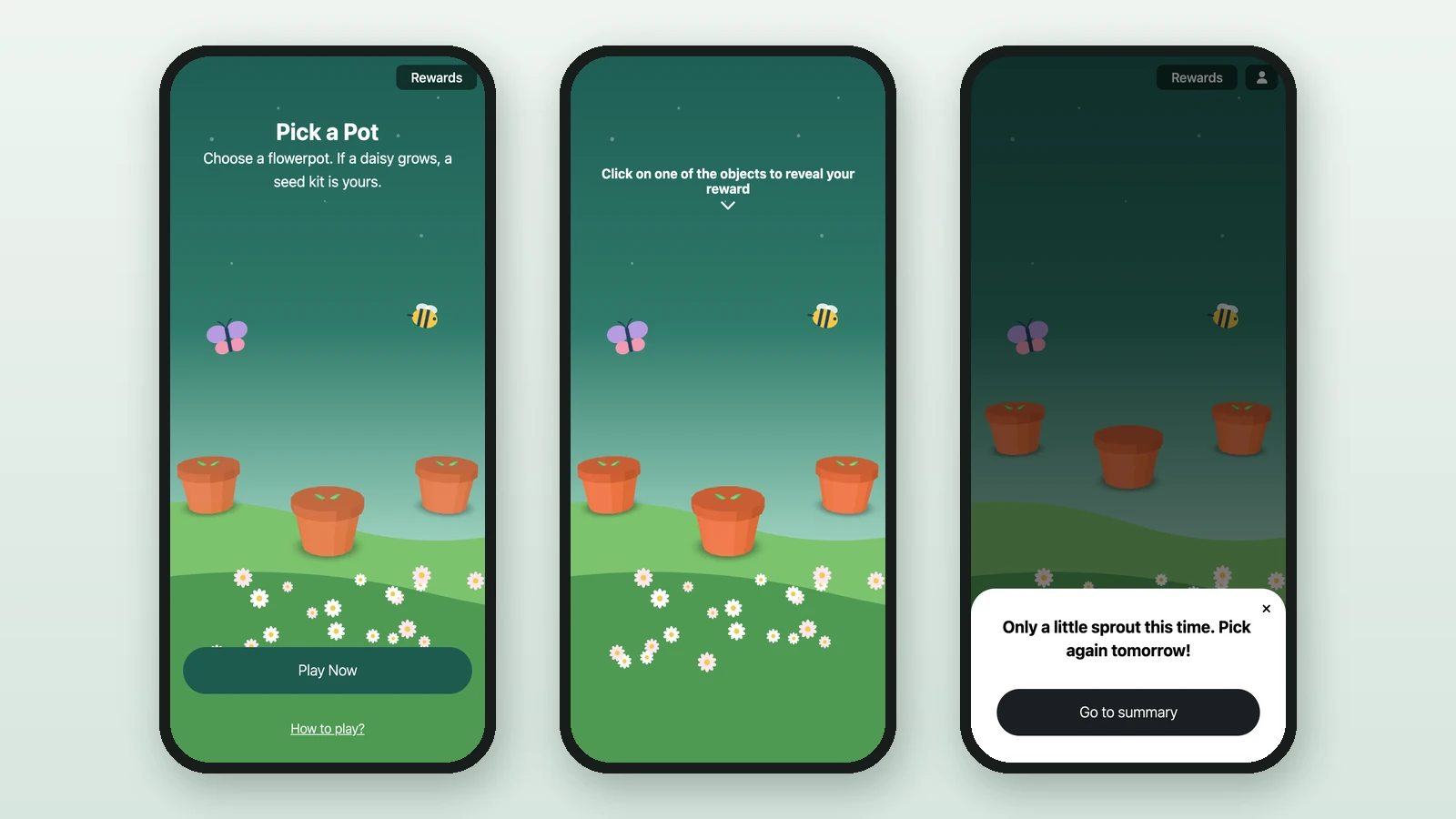 Pick a Pot on three phones: the start screen, three pots to choose from, and a losing result after a pick