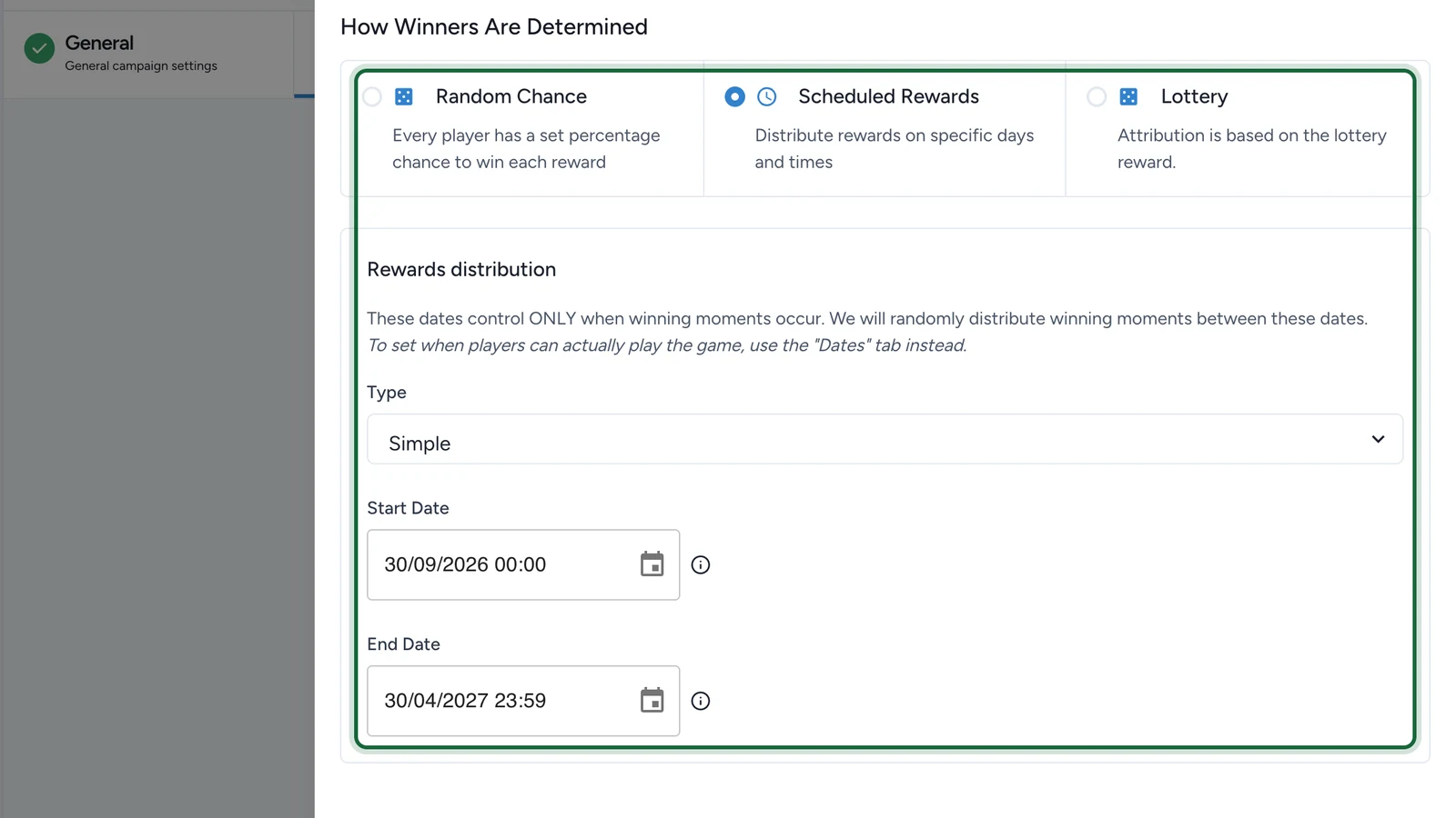 Scheduled Rewards selected, with the Rewards distribution panel, highlighted