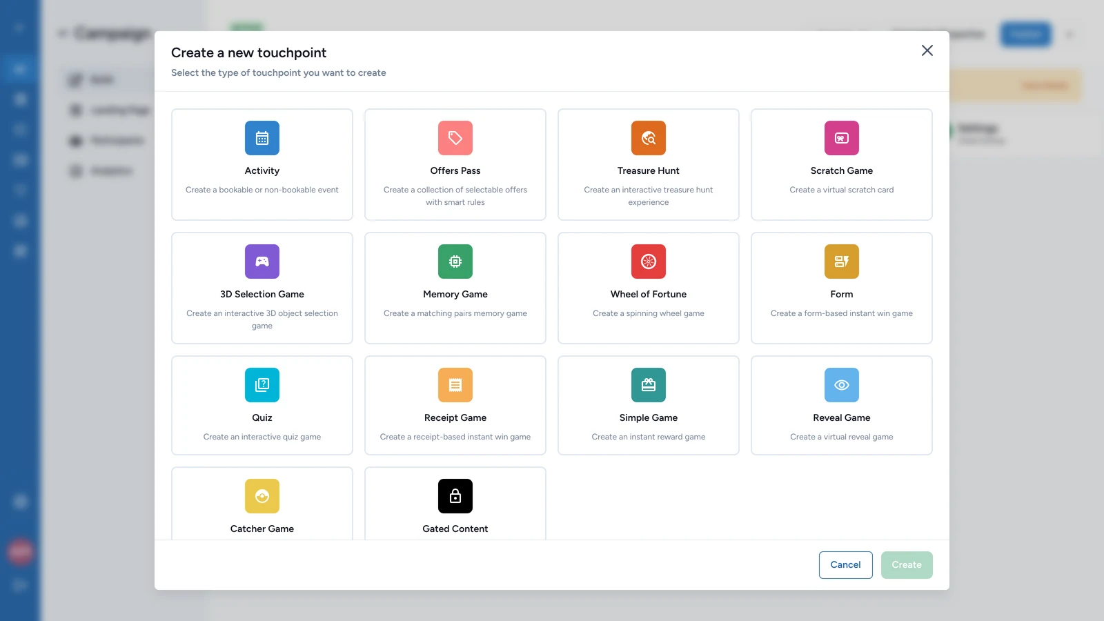 Create a new touchpoint window with the 14 touchpoint types