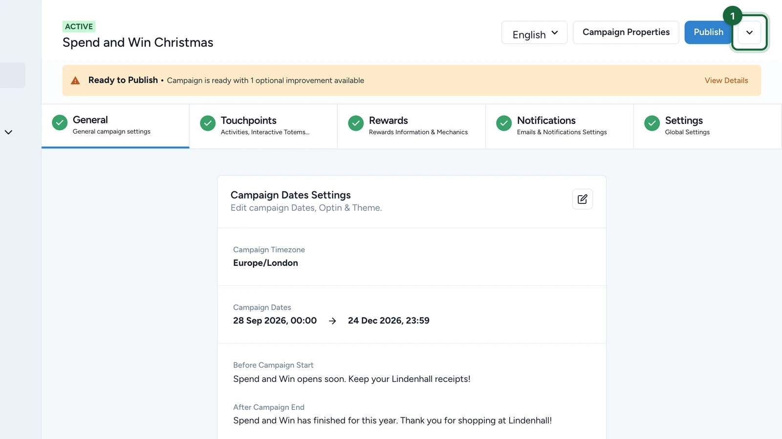 Campaign header with the arrow next to Publish highlighted
