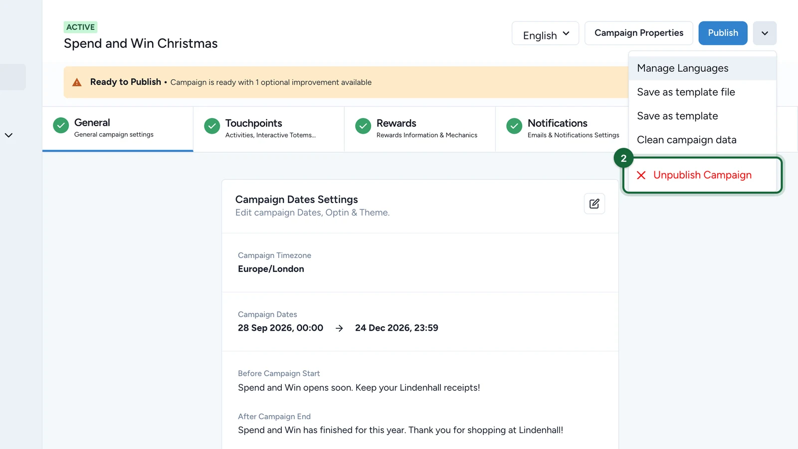 Menu under the arrow with Unpublish Campaign highlighted