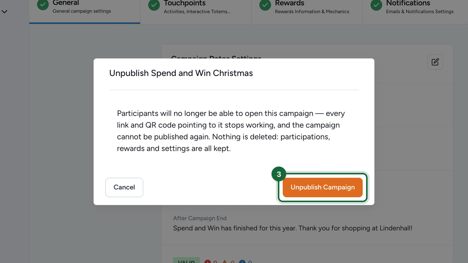 Unpublish Spend and Win Christmas window with the Unpublish Campaign button highlighted
