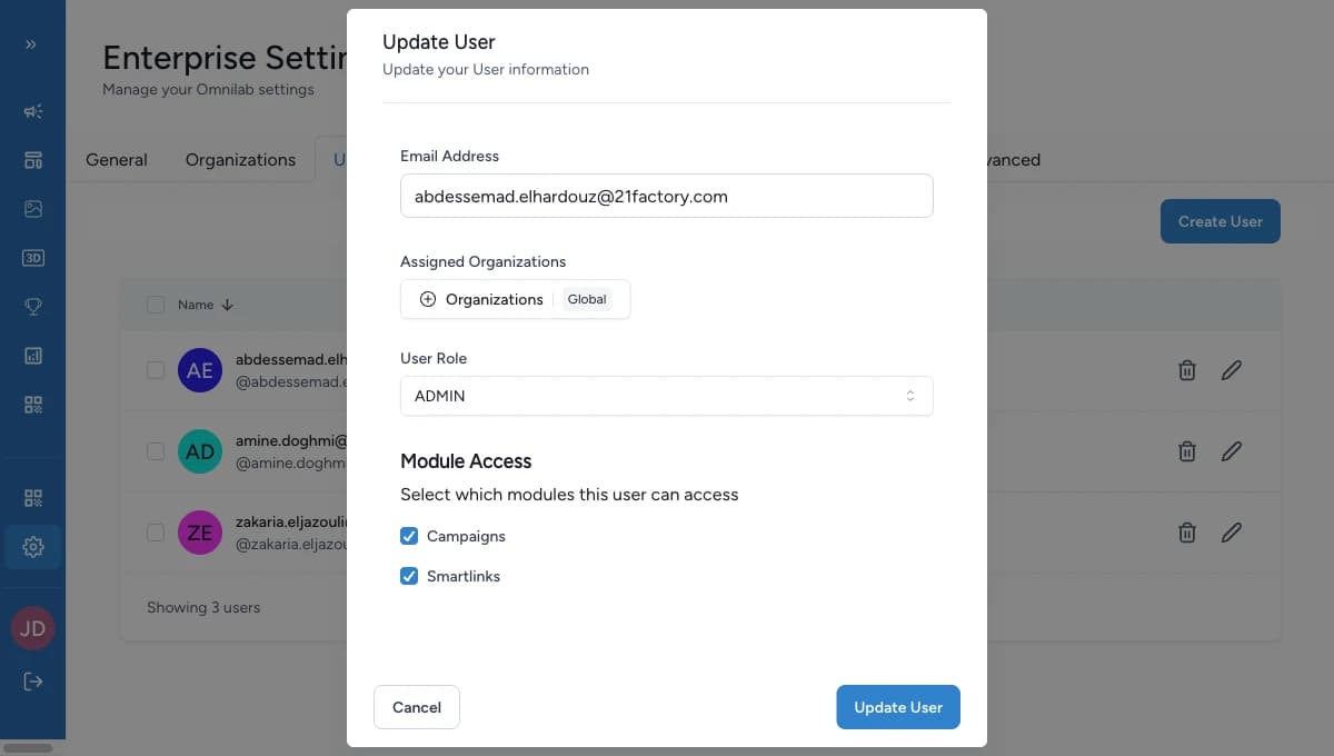 Liste des utilisateurs avec l'action de modification mise en évidence