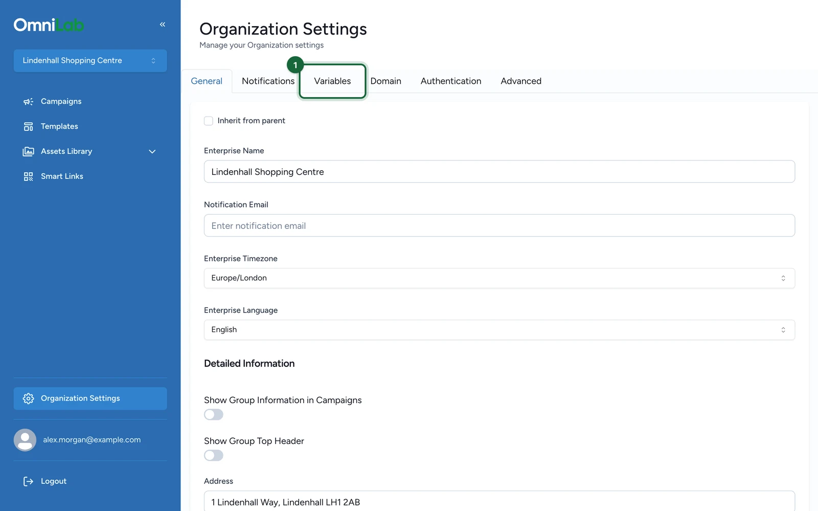 Organization Settings with the Variables tab highlighted