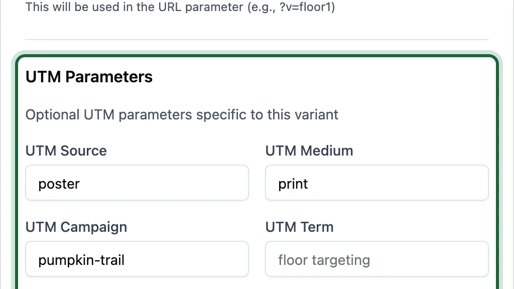 Add Variant window with its own UTM Parameters filled in
