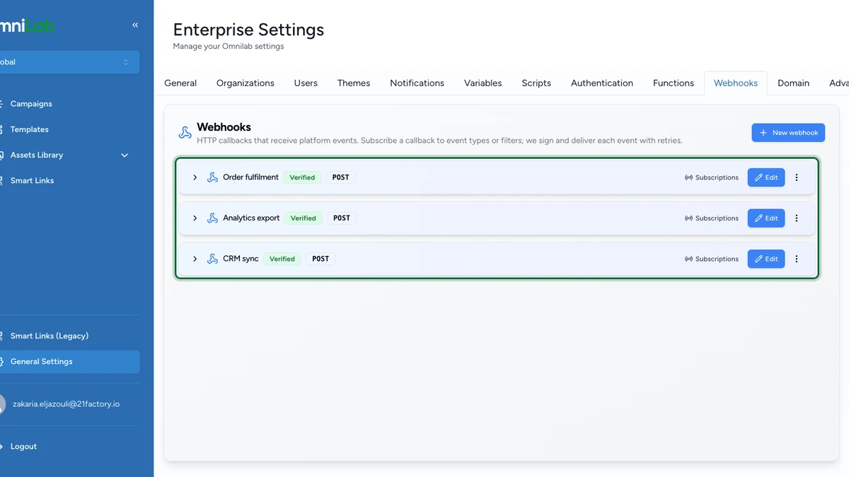 Panneau Webhooks des Enterprise Settings listant trois callbacks avec leurs badges de statut