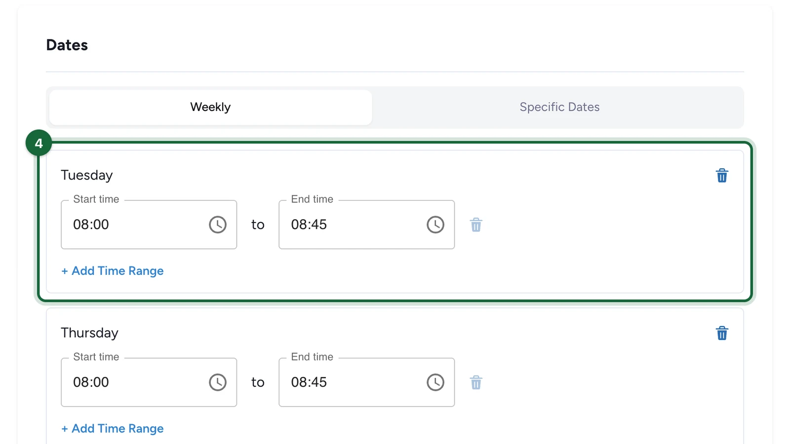 Tuesday card with a start time of 08:00 and an end time of 08:45, highlighted