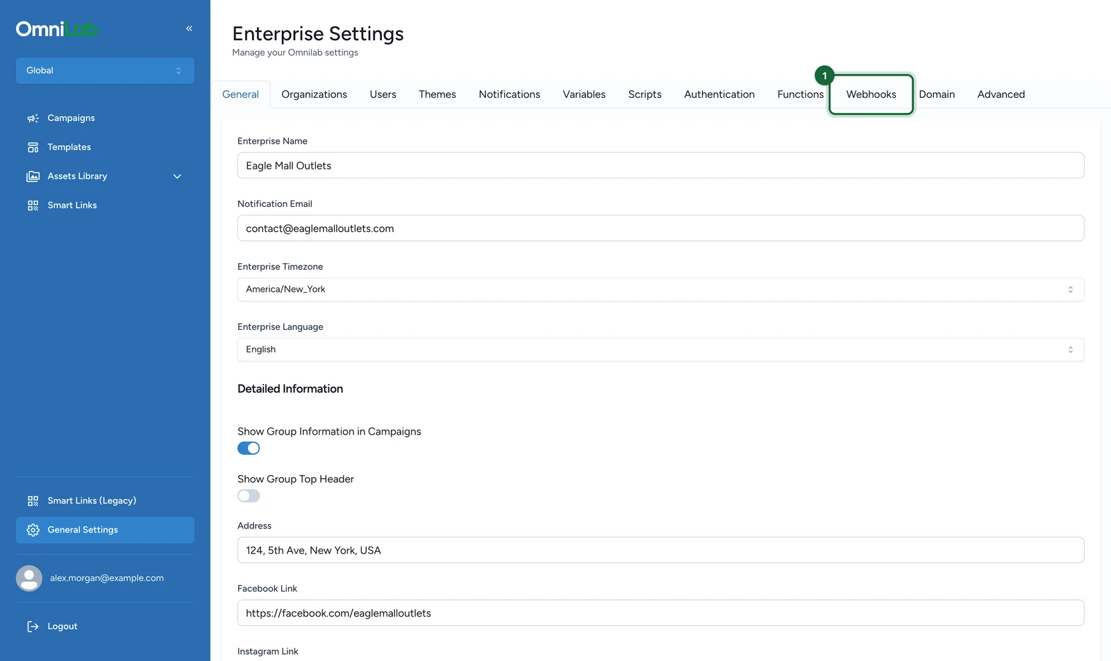 Enterprise Settings with the Webhooks tab highlighted