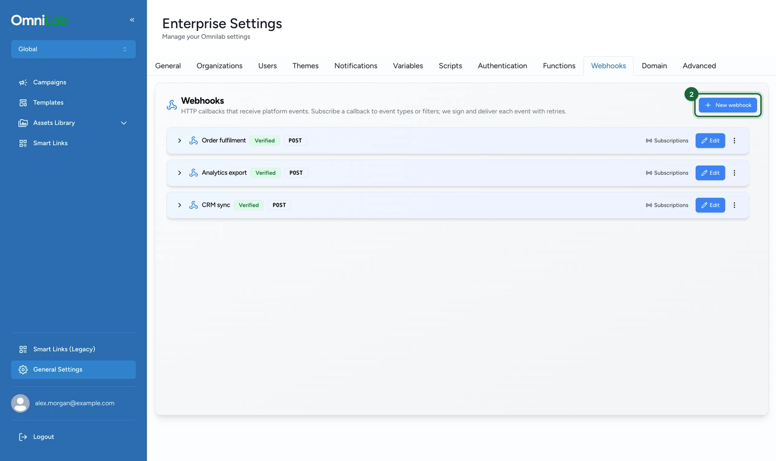 Webhooks tab listing three callbacks, with the New webhook button highlighted