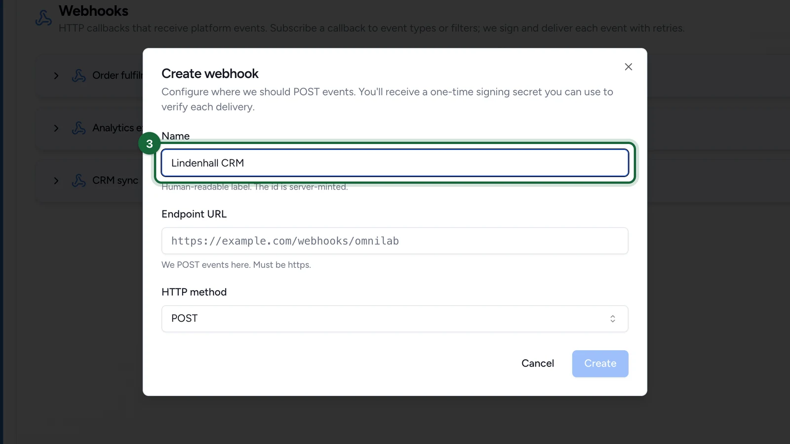 Create webhook window with the Name Lindenhall CRM, highlighted