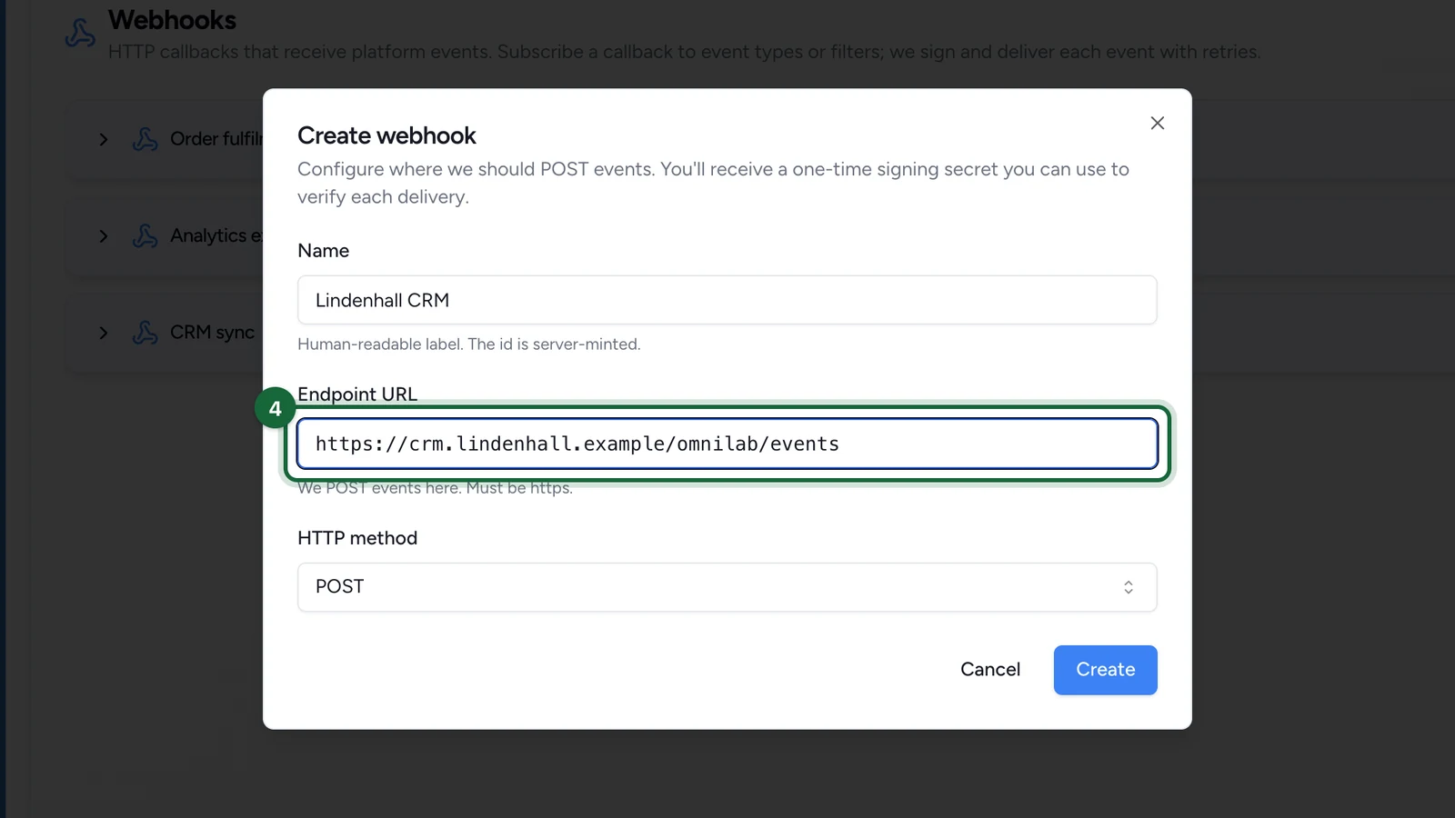 Create webhook window with the Endpoint URL highlighted