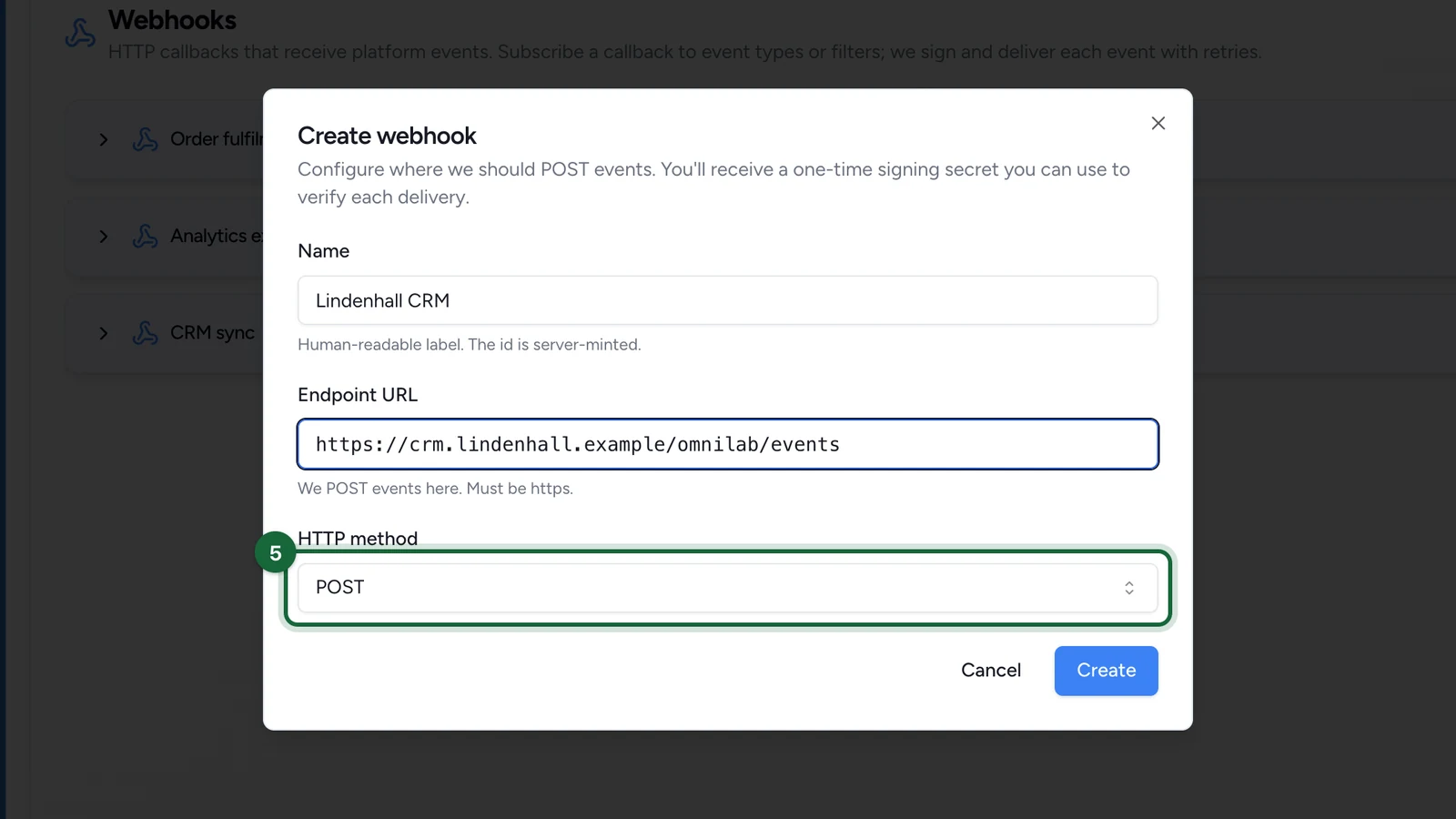 Create webhook window with HTTP method POST highlighted