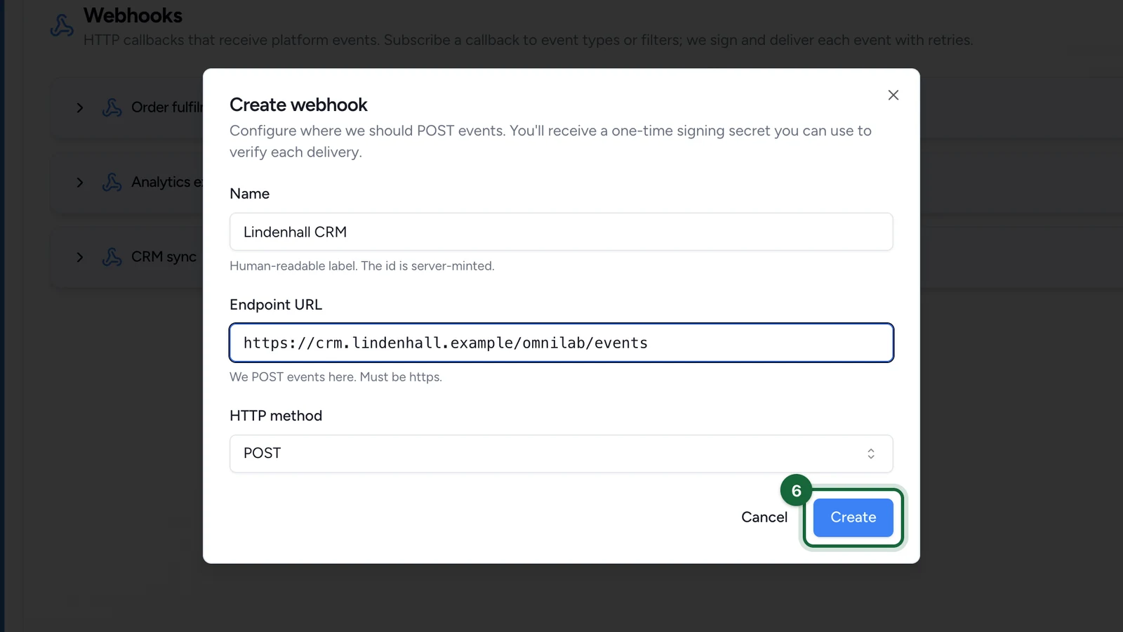 Create webhook window with the Create button highlighted