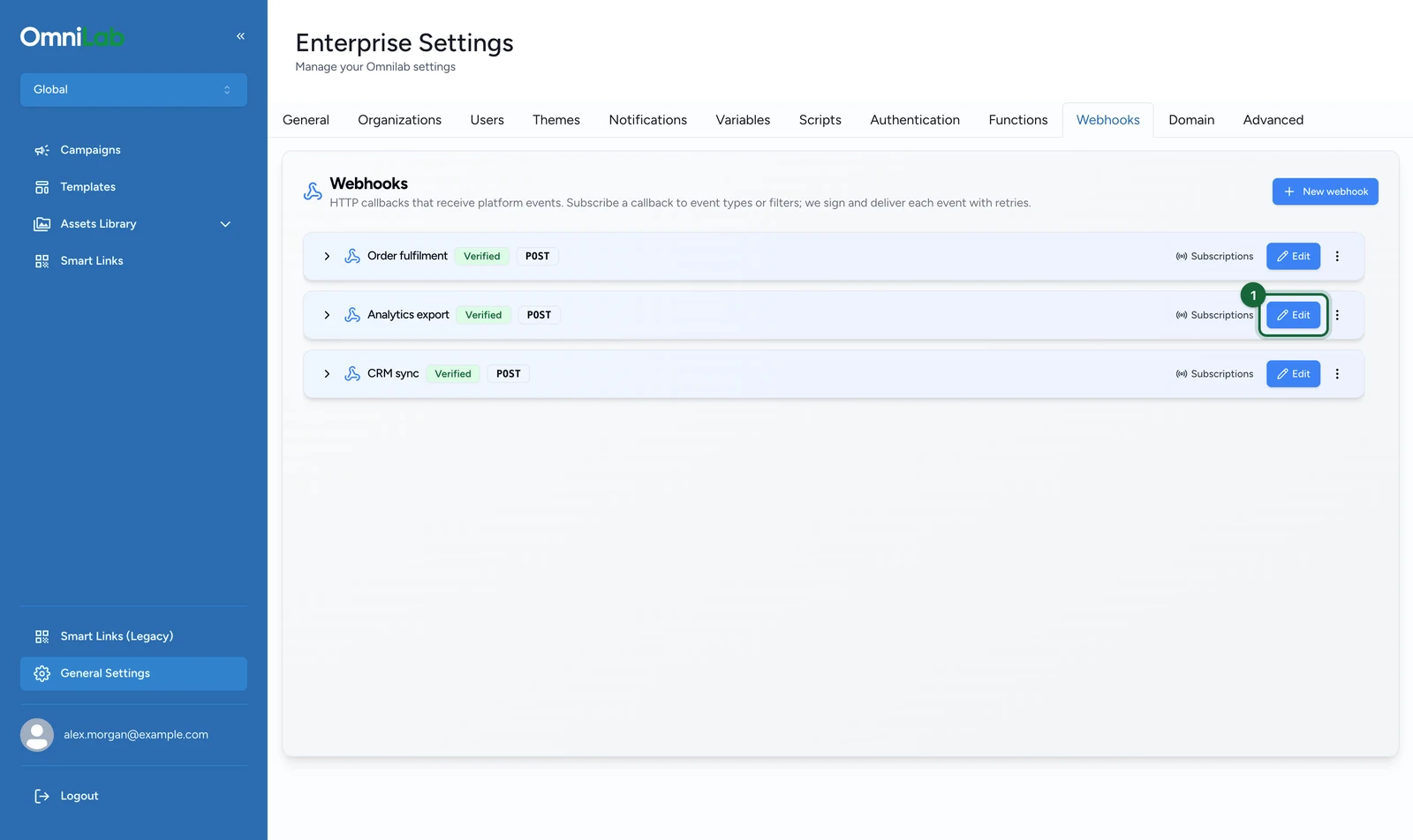 Webhooks tab with Edit on the Analytics export row highlighted