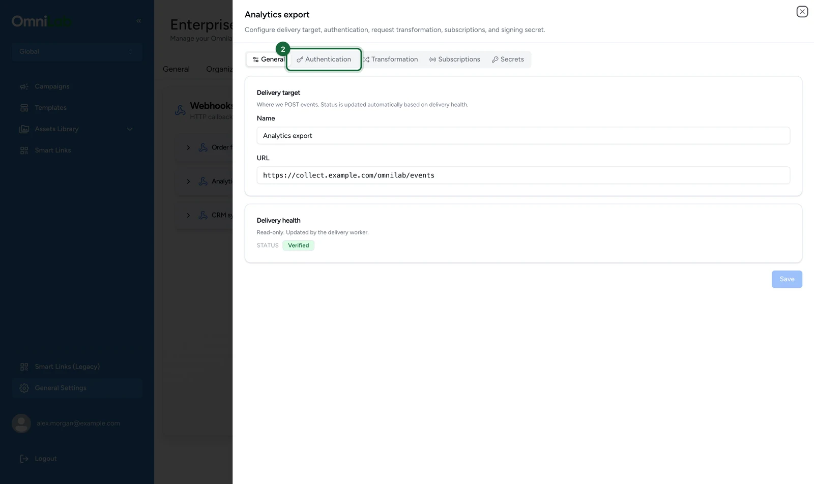 Analytics export with the Authentication tab highlighted