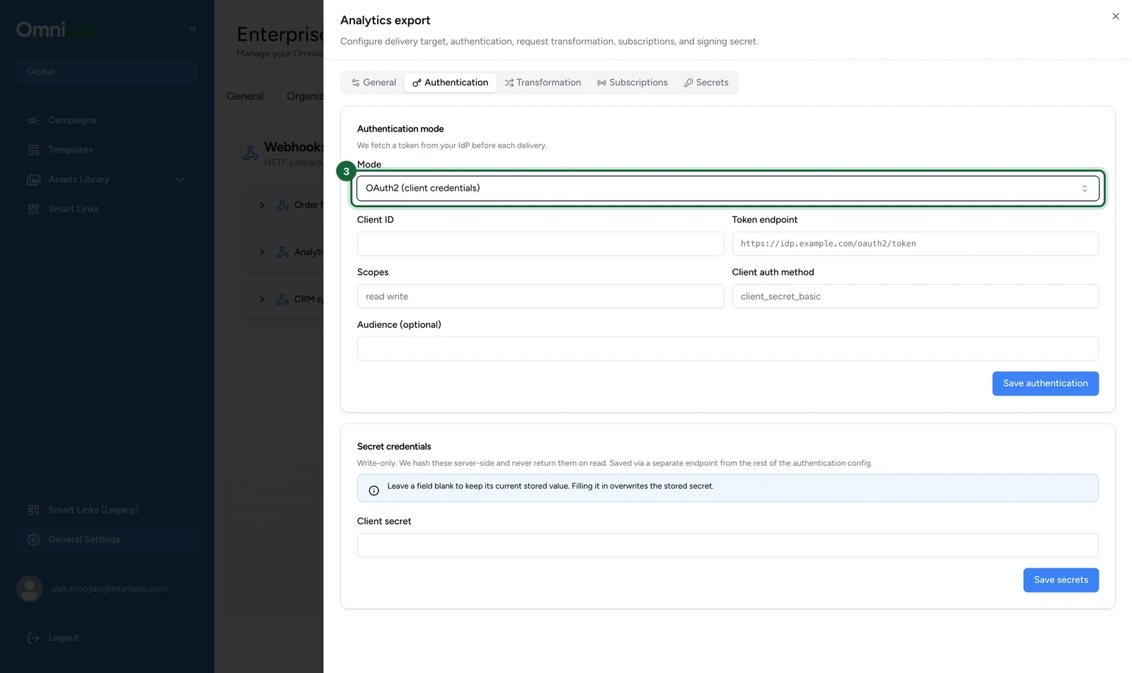 Authentication tab with Mode set to OAuth2 (client credentials), highlighted