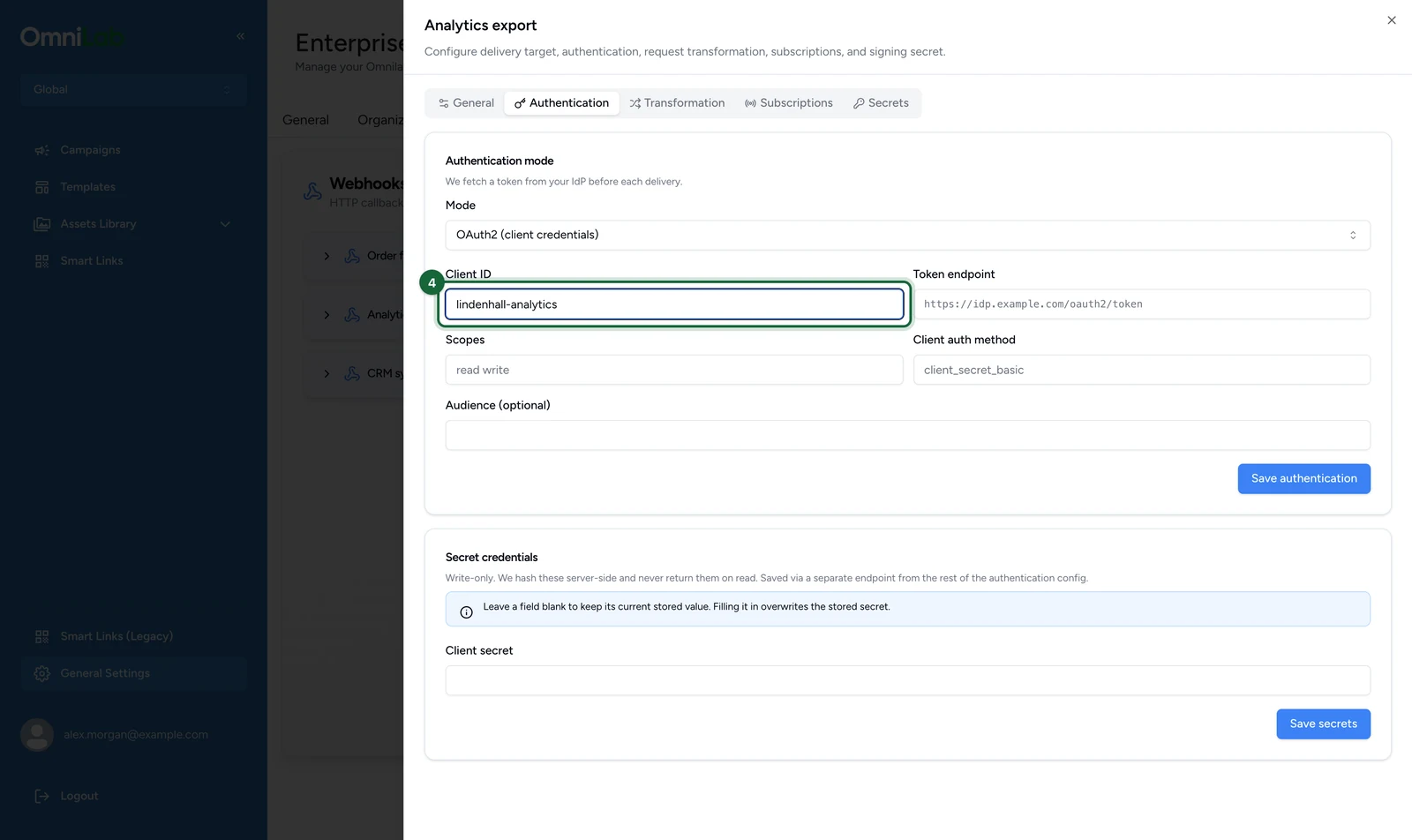 Authentication tab with the Client ID lindenhall-analytics, highlighted