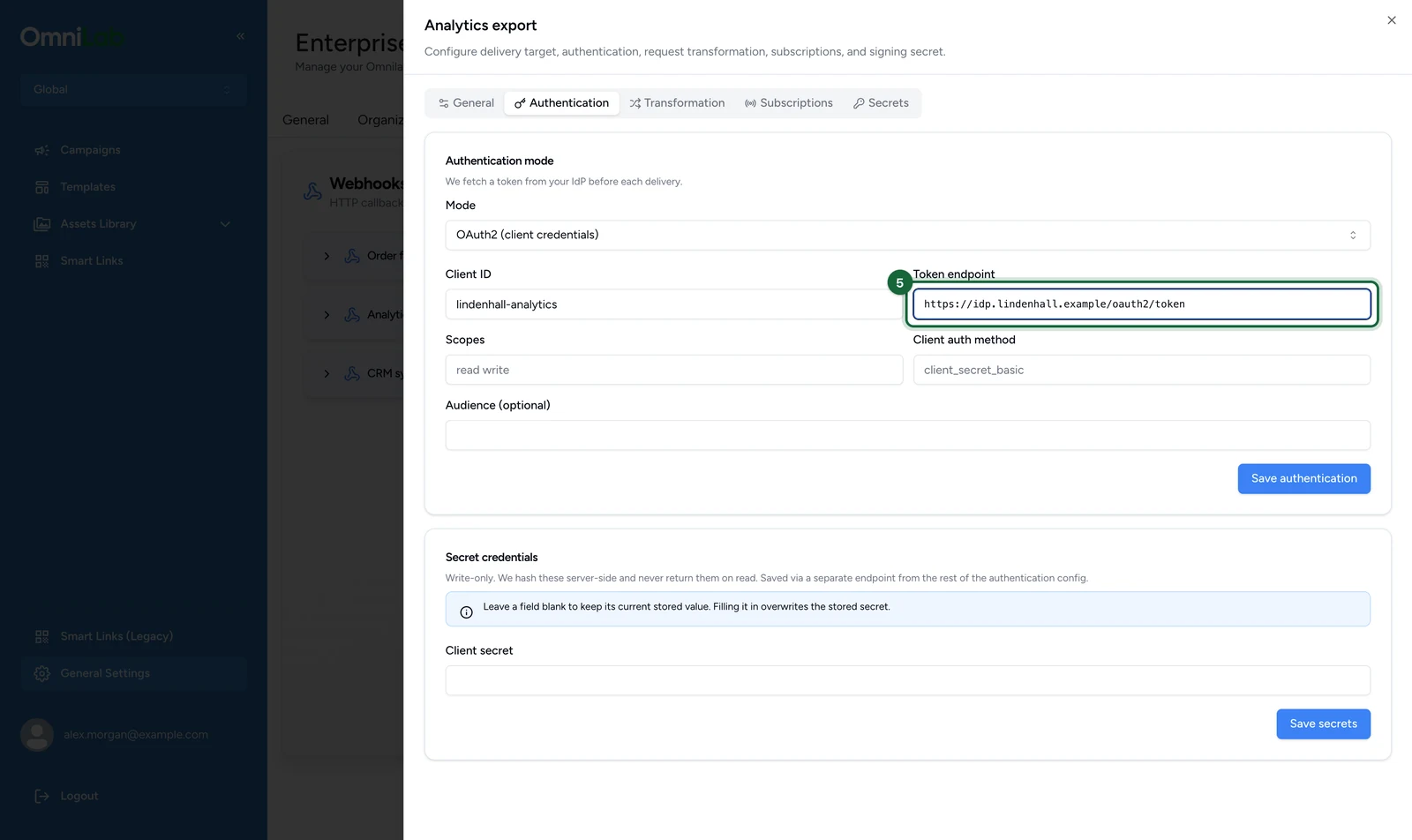 Authentication tab with the Token endpoint, highlighted